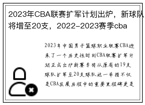 2023年CBA联赛扩军计划出炉，新球队将增至20支，2022-2023赛季cba
