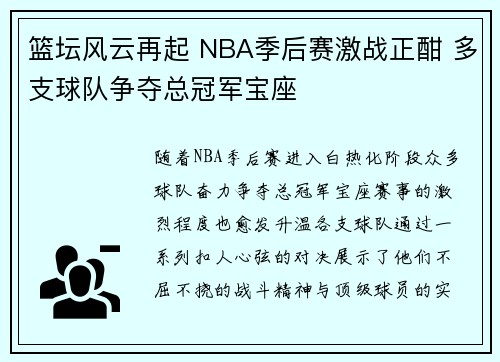 篮坛风云再起 NBA季后赛激战正酣 多支球队争夺总冠军宝座